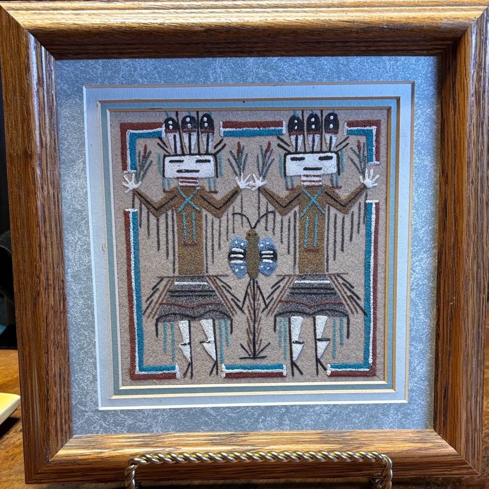 Framed Native American Sand Art with Brown and Blue Accents